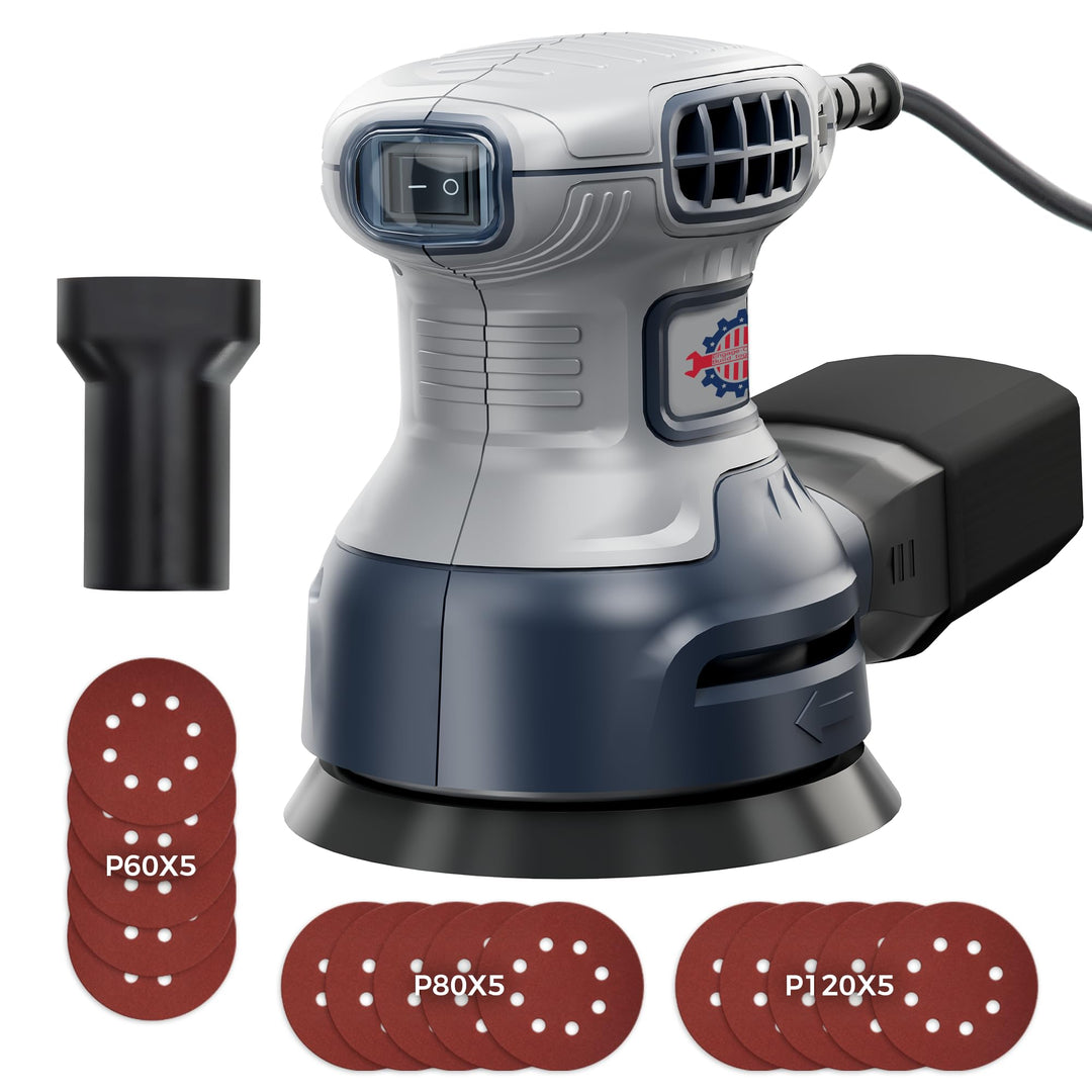 Exzenterschleifer 125mm mit Bremse, 350W Schleifmaschine für Holz mit 15 Schleifpapier & Staubabsaug