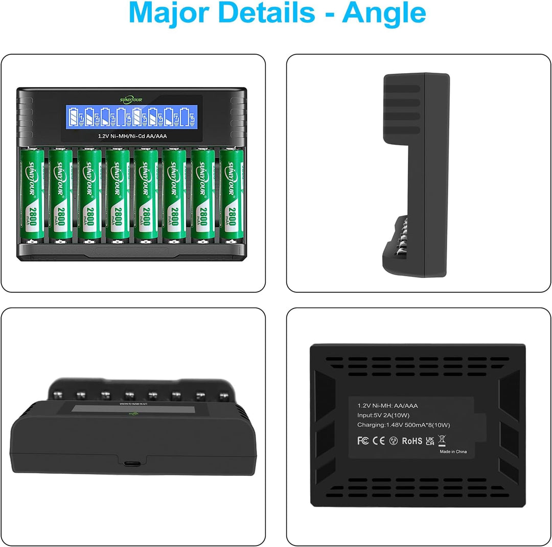 2800mAh NI-MH AA Batterie mit Ladegerät,SUNLYTOUR 8 Stück 2800mAh AA NI-MH Batterien mit 8 Slots AAA