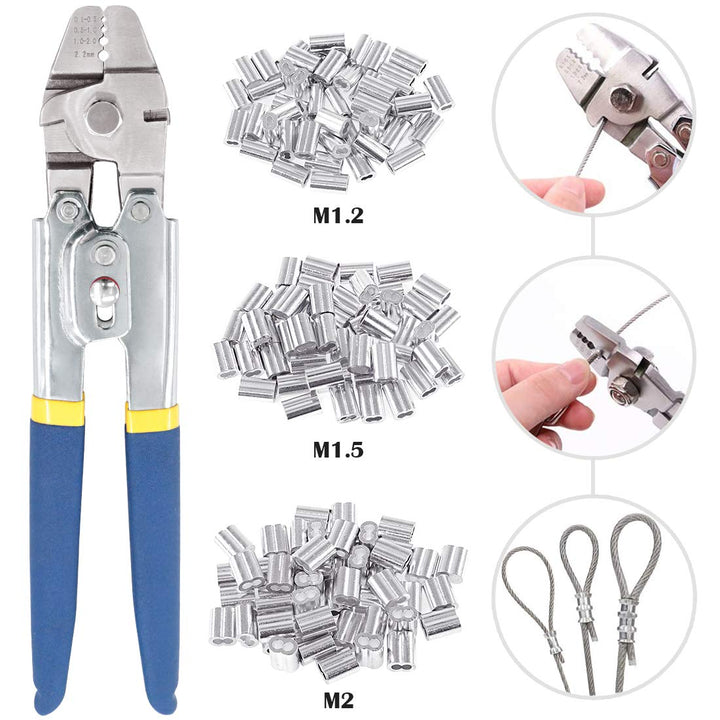 Glarks Drahtseil-Crimpzange Drahtseil-Crimper Drahtschneider Crimper bis zu 2.2mm mit 150 Stück 3 Gr