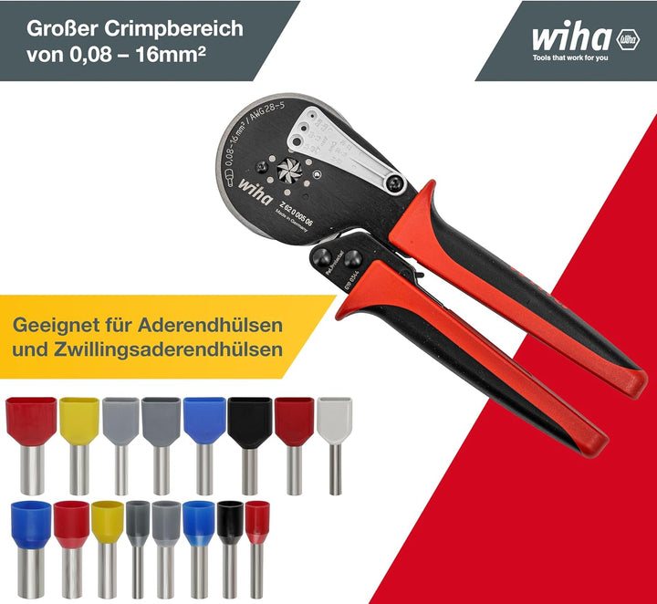 Wiha Profi Quetschzange Crimpzange automatische Anpassung Aderendhülsengrösse 0,08 - 16mm² (41246) I