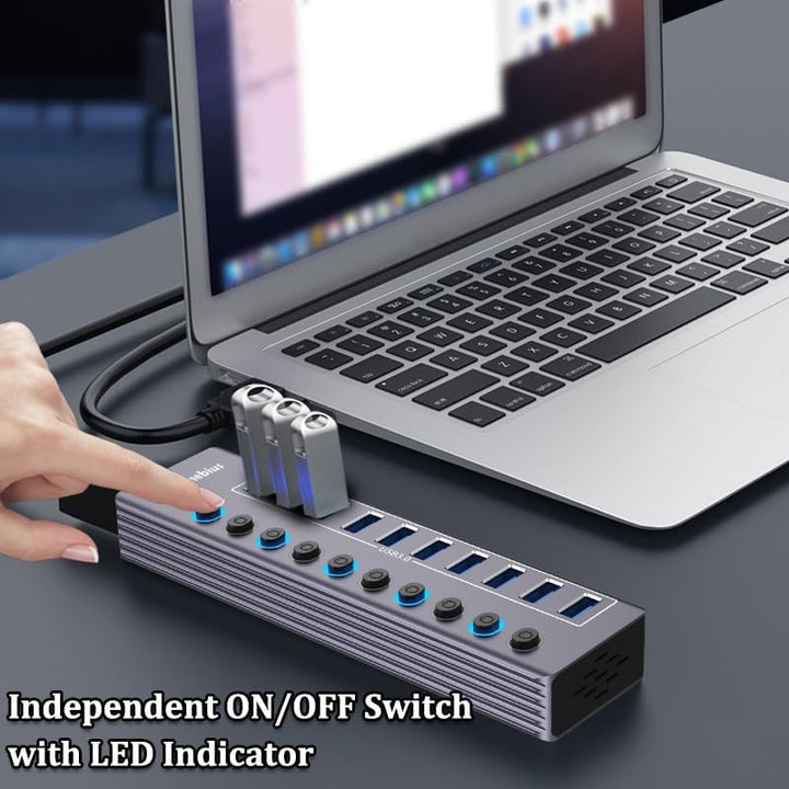USB Hub Aktiv 3.0 mit 36W(12V/3A) Netzteil, 2-in-1 (USB A/C) zu 10 Port USB 3.0 Daten Hub mit Einzel