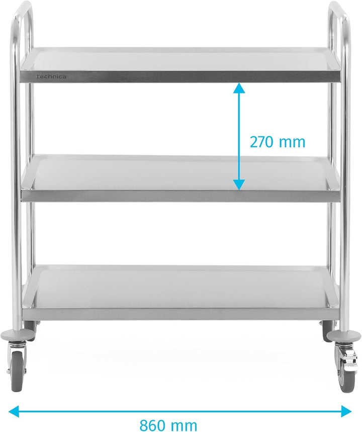 TECHNICA Servierwagen Edelstahl 3 Etagen mit Rollen & Bremse Rundgriff 860x540x940mm Rollwagen Küche