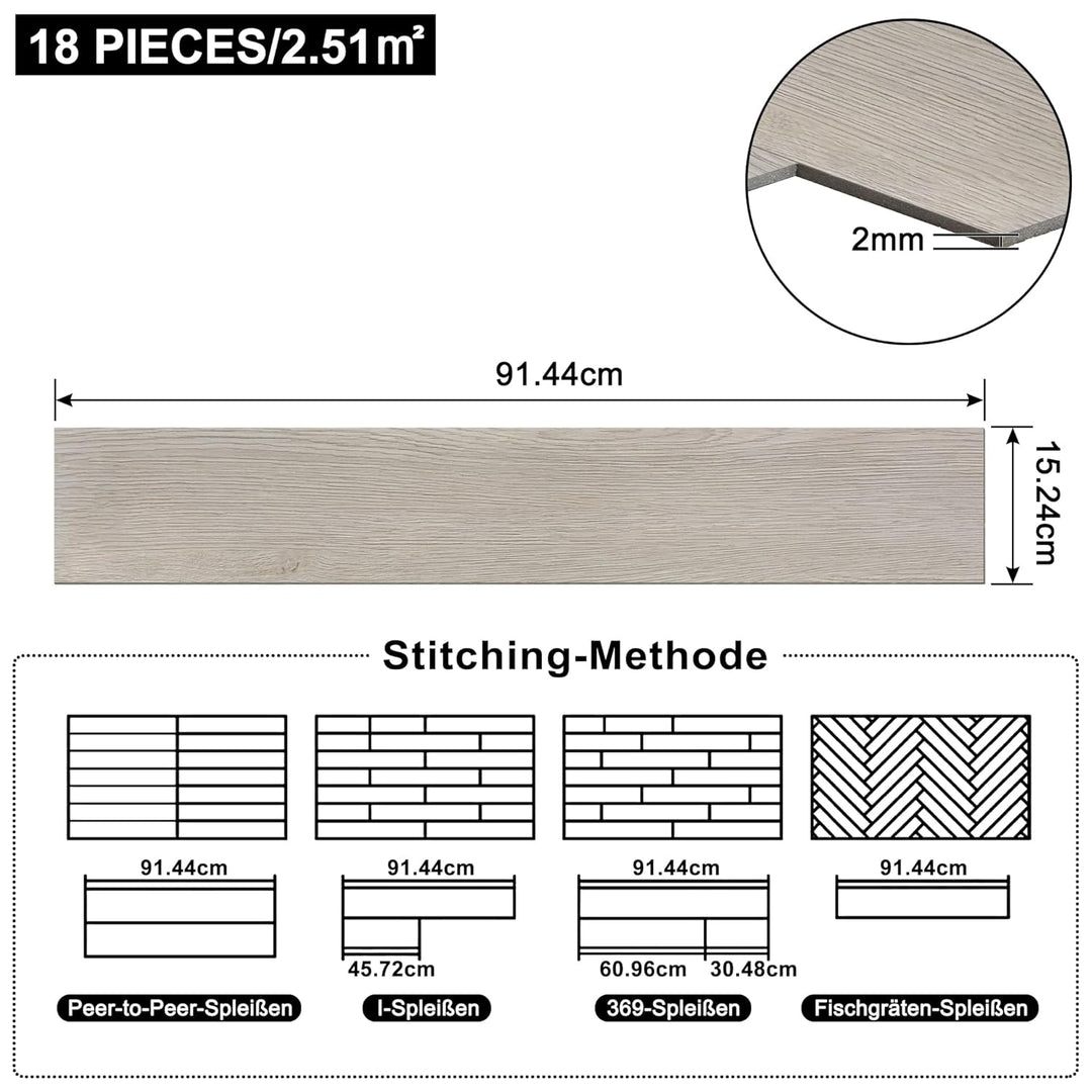 Aufun PVC Bodenbelag Vinylboden Selbstklebend 18 Stück 2.51m², Holzmaserung Bodenfliesen mit Holz-Op