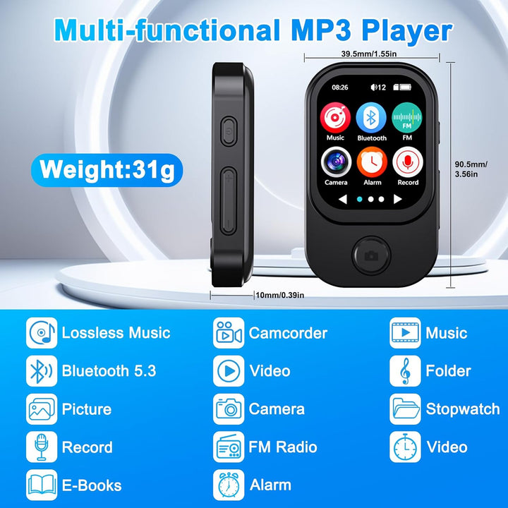 Gueray 64GB Mini MP3 Player mit Kamera, Bluetooth 5.3 Musikplayer mit Lautsprecher Touchscreen FM-Ra