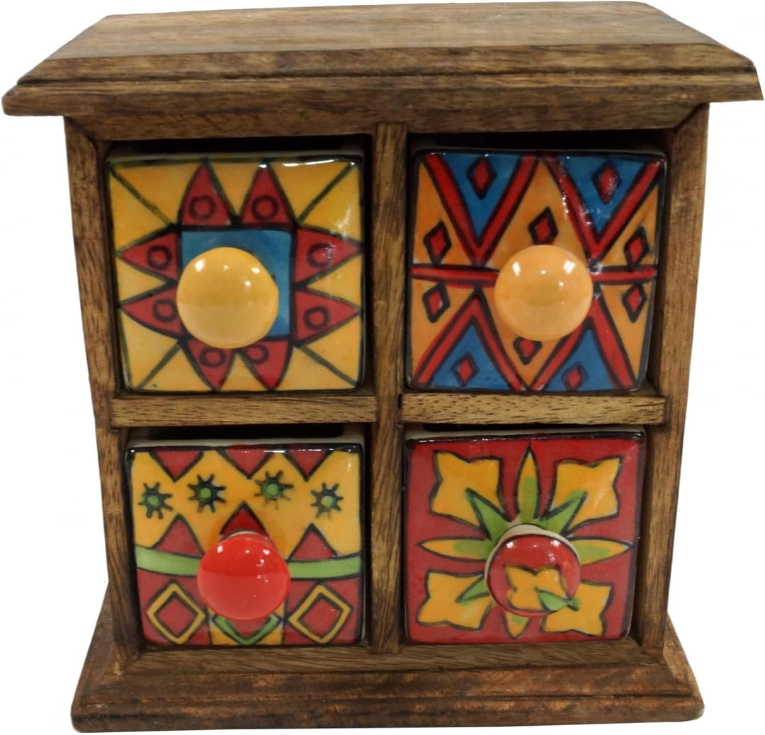 GURU SHOP Apothekerschränkchen mit Bunten Keramik Schubfächern - 2x2 Fächer Modell 1, Braun, 18x17x1