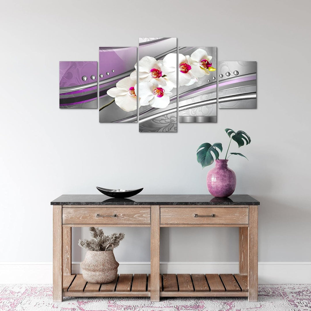 Runa Art Wandbilder Blumen Orchidee 5 Teilig Bild auf Vlies Leinwand Deko Wohnzimmer Perlen Grau Vio