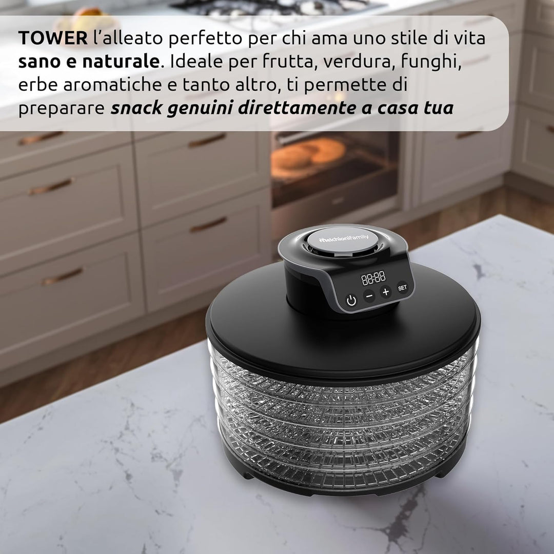 Melchioni Family | Digitaler Dörrautomat TOWER, 5 verstellbare Etagen, Trocknung von Obst, Gemüse, P