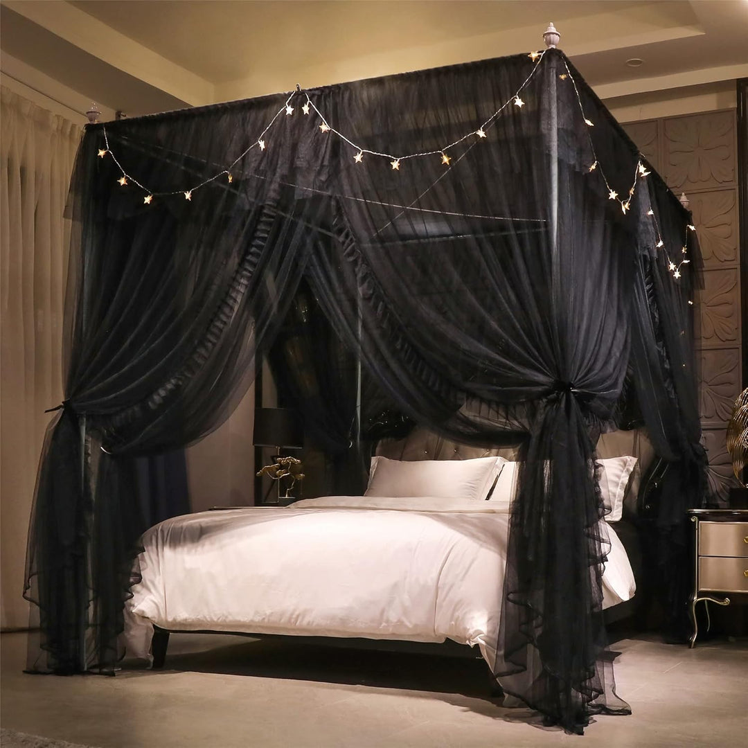 VETHIN 4 Ecken Pfosten Rüschen Prinzessin Bett Baldachin Vorhang, doppellagig, gemütlich, schwarz, 1
