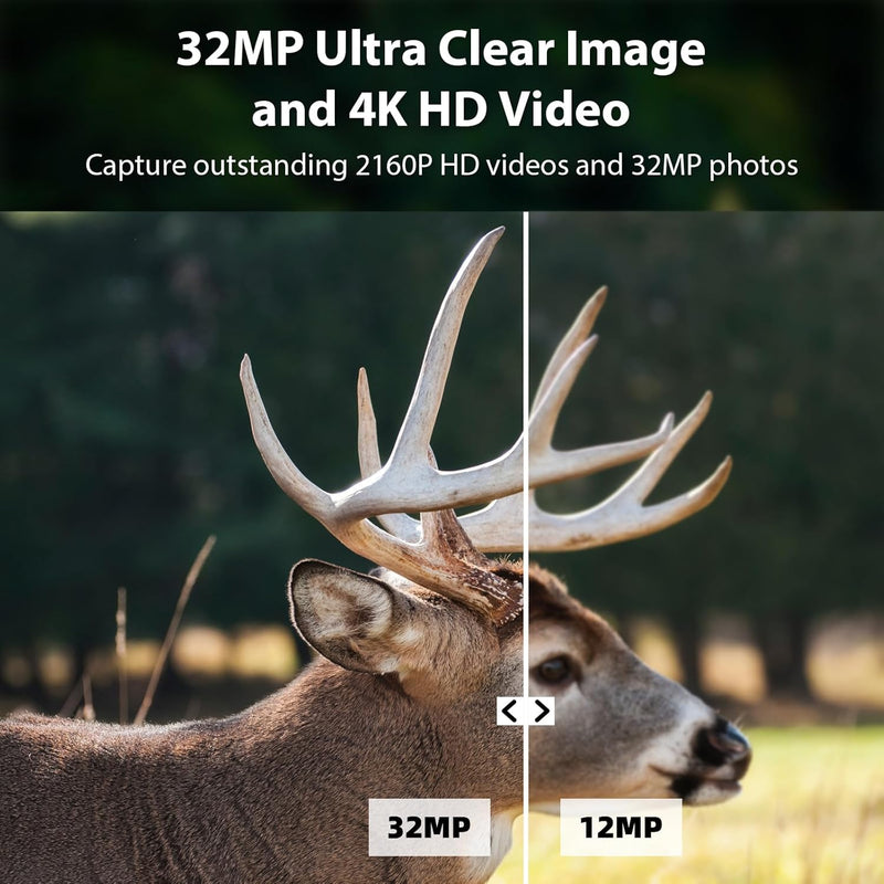 BlazeVideo 4K 32MP Wildkamera mit Bewegungsmelder Nachtsicht, 120° Weitwinkel Nachsichtkamera, 0,1s