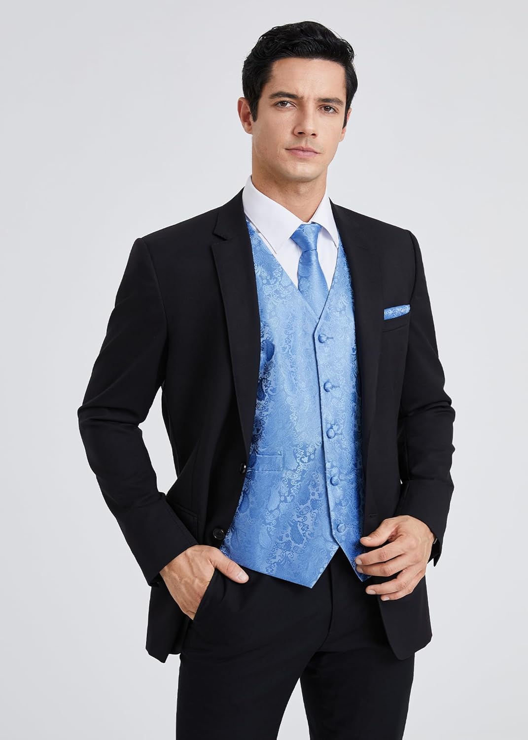 HISDERN Herren Weste Paisley Floral Jacquard Krawatte Einstecktuch Taschentuch Weste Anzug Set XL He