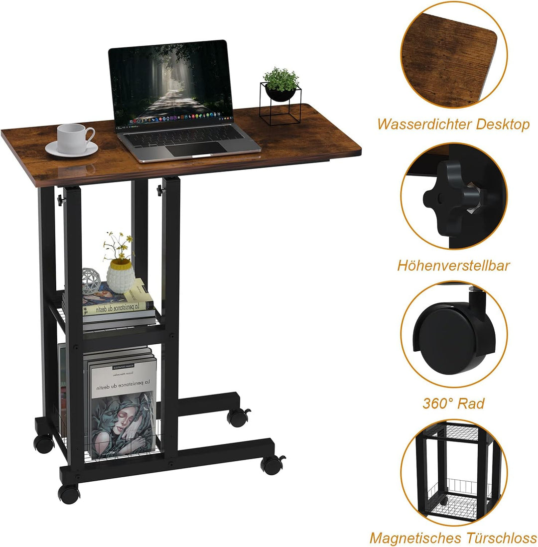 PIPIPOXER Beistelltisch mit Rollen Laptoptisch, Computertisch Höhenverstellbar Schreibtisch aus Holz