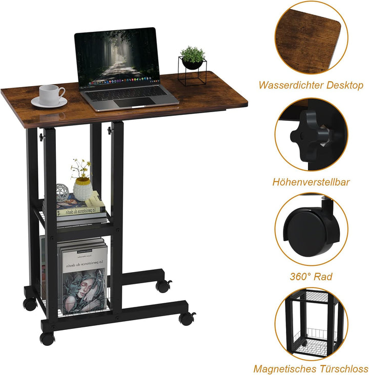 PIPIPOXER Beistelltisch mit Rollen Laptoptisch, Computertisch Höhenverstellbar Schreibtisch aus Holz