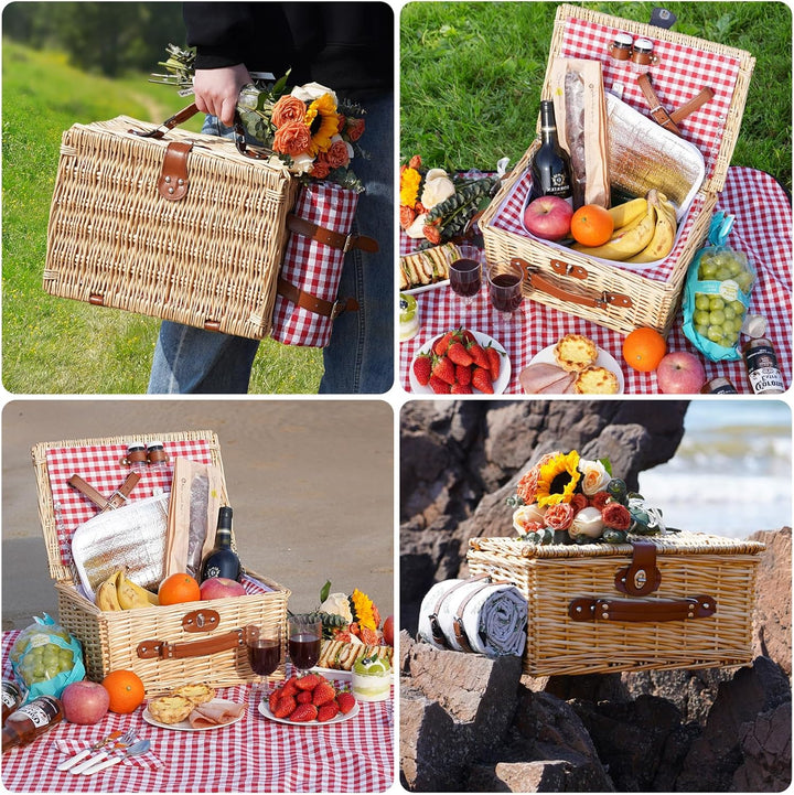 Picknickkorb für 2 Personen, Picknickkorb-Set mit Kühlfach und wasserdichte Picknickdecke, Besteck S
