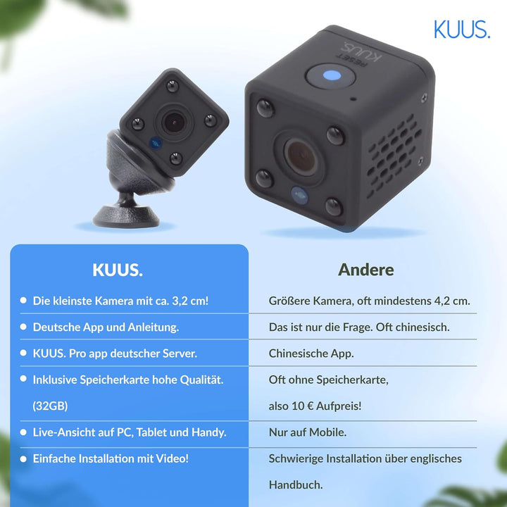 KUUS C2 Mini Kamera mit Bewegungsmelder: kompakte und mini Überwachungskamera innen, mini Kamera liv