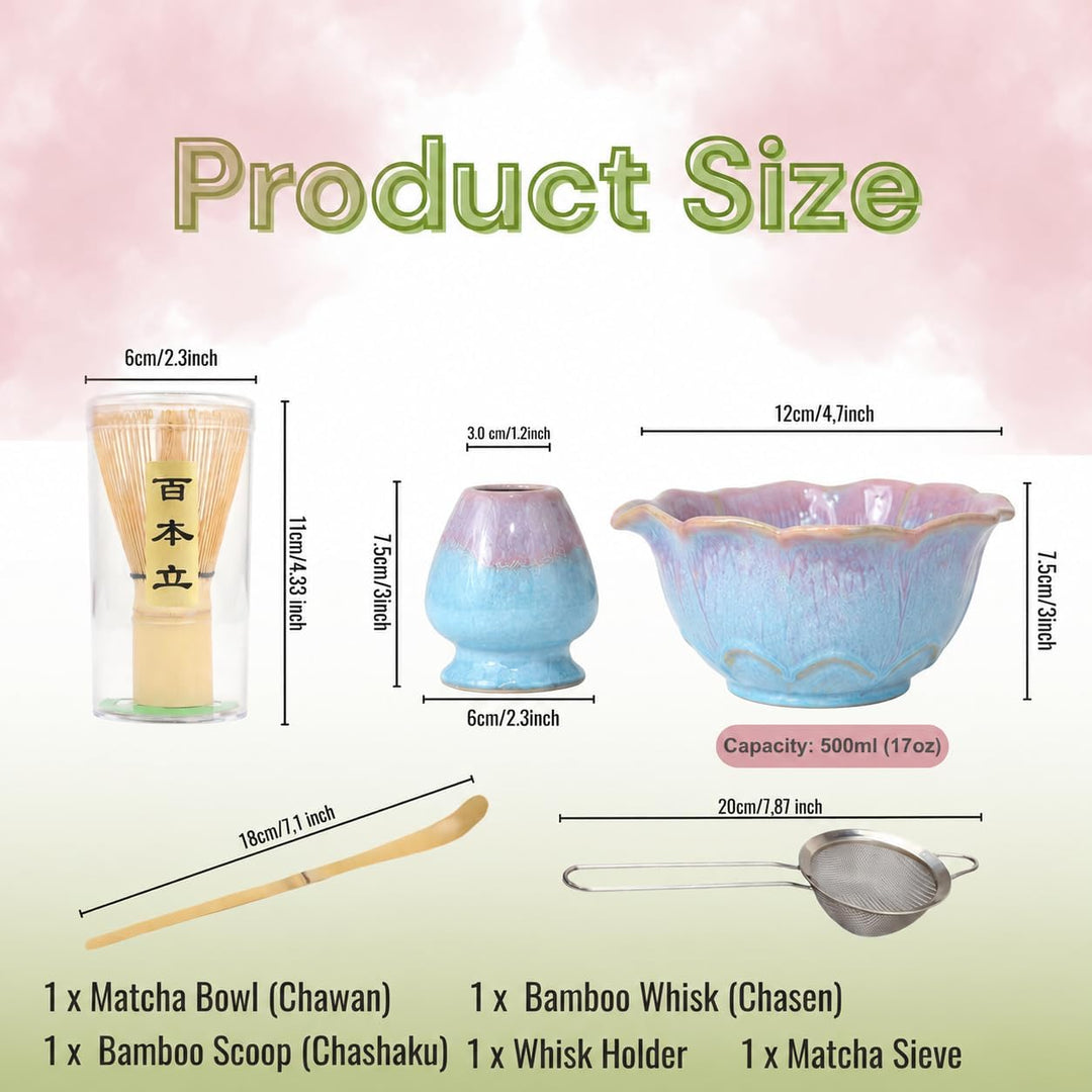 Matcha Set 5-teilig, Matcha Schale mit Ausgiesser in Blumenform Blau Rosa, Chasen, Bambusbesen, Chas