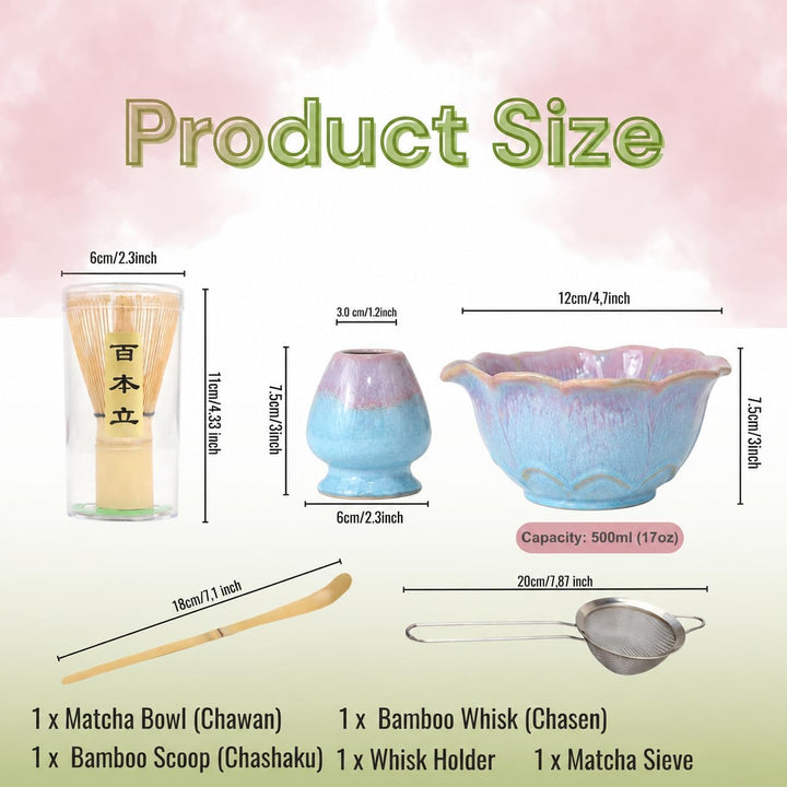 Matcha Set 5-teilig, Matcha Schale mit Ausgiesser in Blumenform Blau Rosa, Chasen, Bambusbesen, Chas