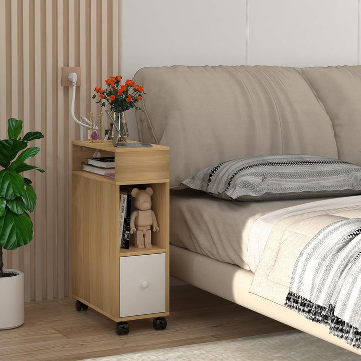 Lvhecforhm 2er Set Schmal Nachttisch mit Rollen, Schmaler Kleiner Nachtschrank im Schlafzimmer Platz