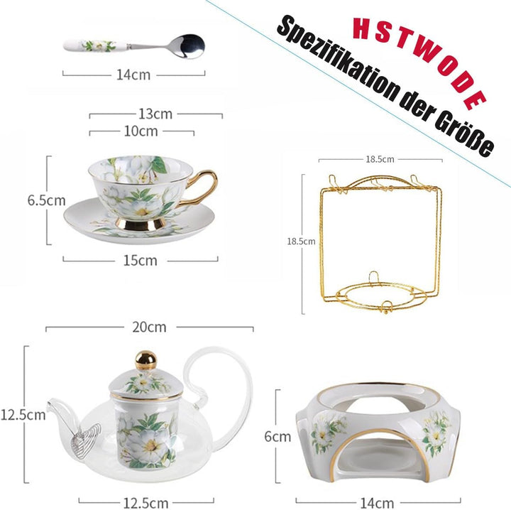 15 Stück Europäischen Blumen Tee Set,Muster Bone China Tee Set Service Kaffee Set, Beheizte Glas Tee