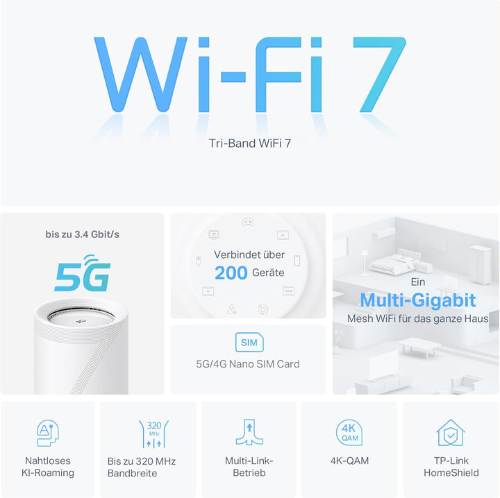 TP-Link Deco BE65-5G LTE WLAN Router, 5G Router SIM-Karte, 𝐓𝐫𝐢-𝐁𝐚𝐧𝐝 𝐖𝐢𝐅𝐢 𝟕, 3× 2,5 Gbit/s-Ports, 320