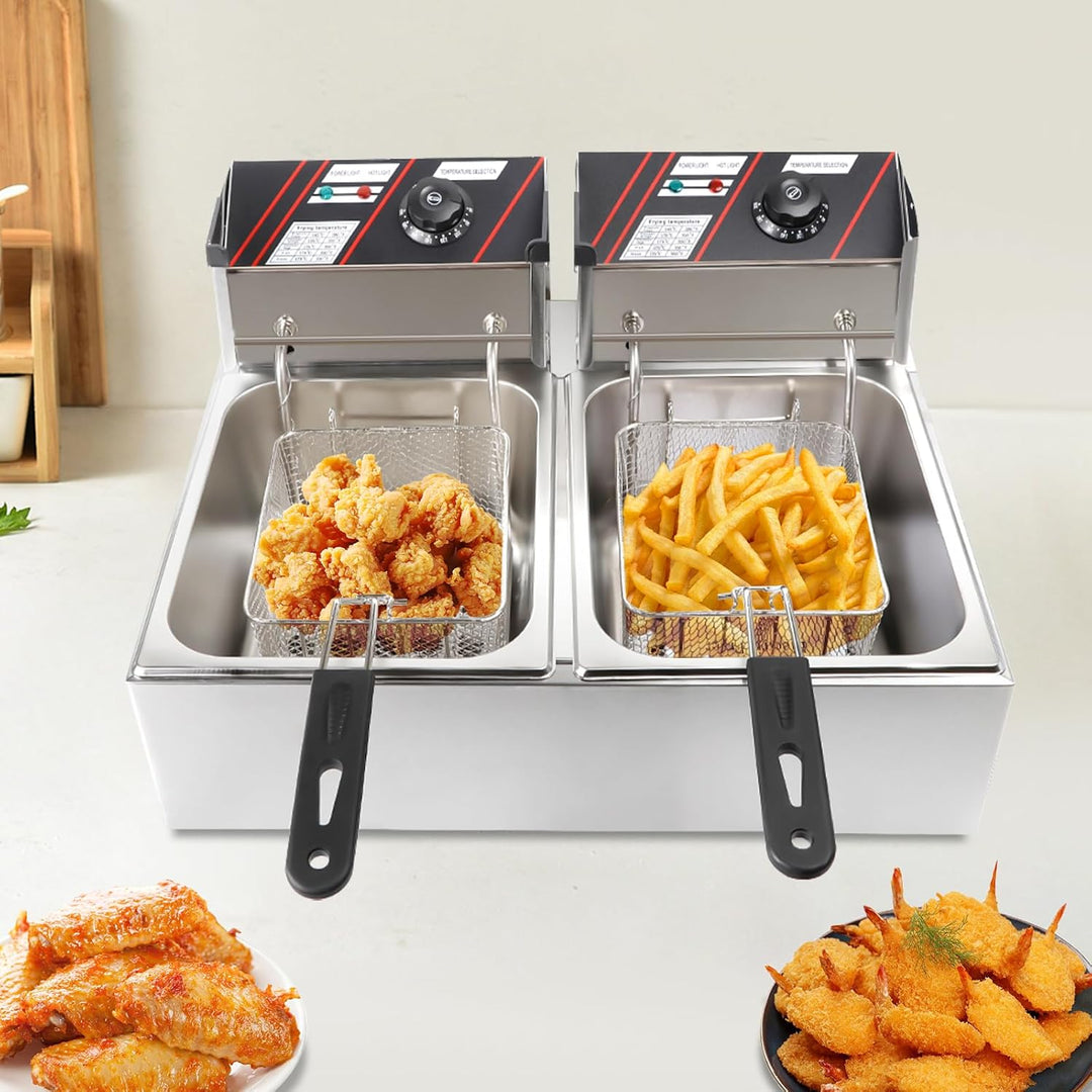 Elektrische Friteuse mit Fett 5000W 6 L Kommerzielle Doppel Fritteusen Gastronomie Edelstahl Kaltzon