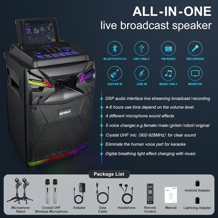 DSP Bluetooth Karaoke Maschine mit 2 mikrofonen Lautsprecher, 600W 10'' Subwoofer PA anlage, Live St