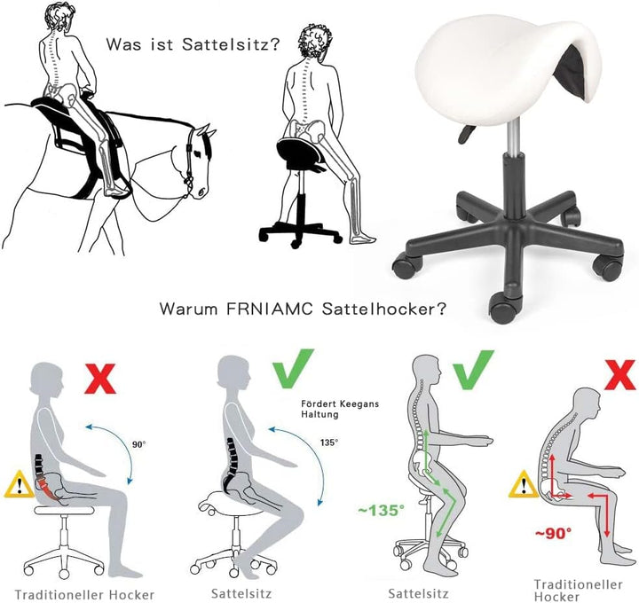Mingone Sattelhocker Weiss Arbeitshocker 360° Drehbarer Hocker Ergonomischer Sitzhocker Höhenverstel
