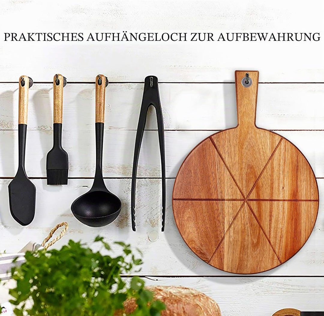 Pizzabrett Akazienholz, TJ POP 30 x30 cm Pizzateller Pizzaschneidebrett mit Pizzaschneider und Pizza