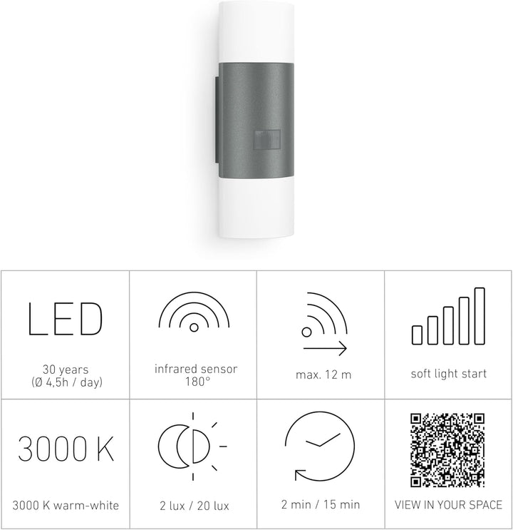Steinel LED Aussenleuchte L 910 S anthrazit, Wandleuchte mit 180° Infrarot Bewegungsmelder, 12m Reic