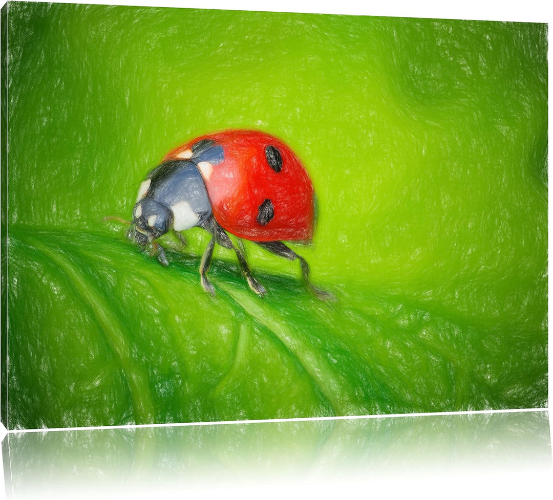 Pixxprint Marienkäfer auf Blatt als Leinwandbild/Grösse: 100x70 / Wandbild/Kunstdruck/fertig bespann
