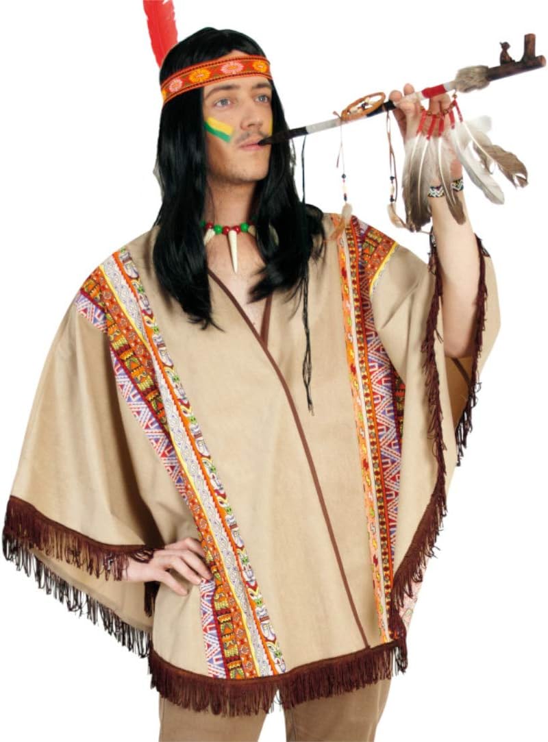KarnevalsTeufel Erwachsenenkostüm Western Poncho in beige mit gemusterter Borte und braunen Fransen