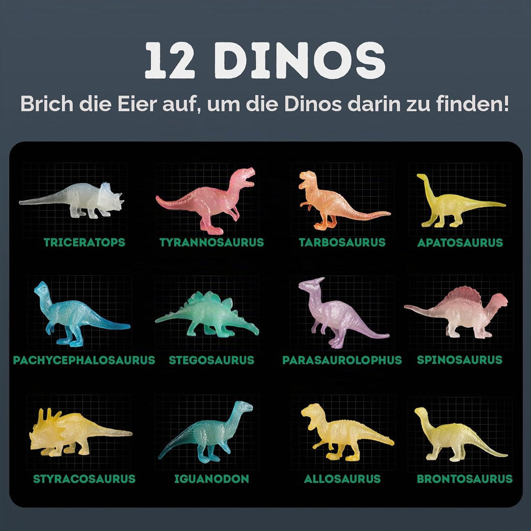Gamerside Dino Eier zum Ausgraben – 12 Leuchtende Dino-Eier mit Lernkarten – Dino Ausgrabungsset für
