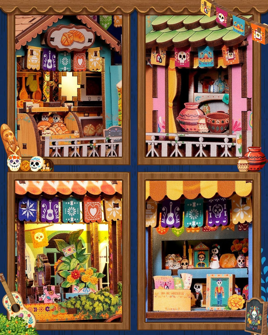 CUTEBEE Book Nook Kit - Mexikanische Festtagsstimmung DIY Puppenhaus, LED-beleuchtetes Buchregal-Dek