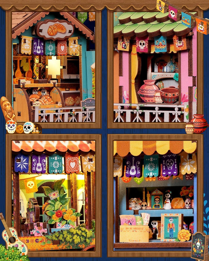 CUTEBEE Book Nook Kit - Mexikanische Festtagsstimmung DIY Puppenhaus, LED-beleuchtetes Buchregal-Dek