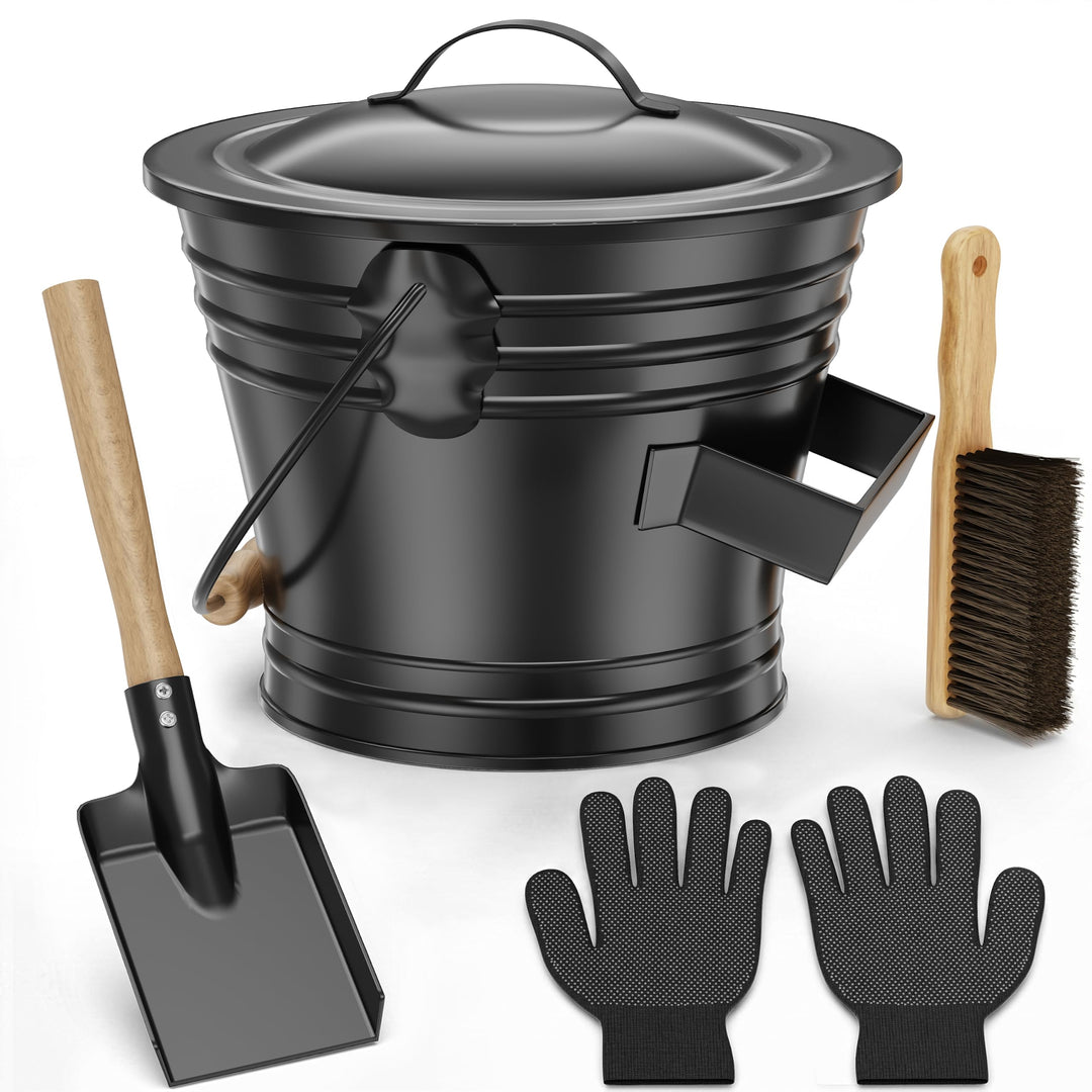 Stahlascheimer mit Deckel für Kamine, 5L Metall-Ascheeimer inklusive Handschuhe, Schaufel und Handfe