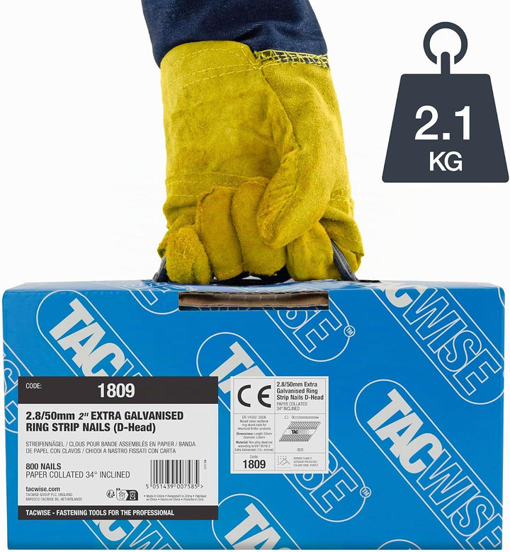 Tacwise 1809 Extra Verzinkte Rahmennägel 2,8/50 mm, 34°, 800 Stück | D-Kopf, Ringschaft, mit 34° Nei