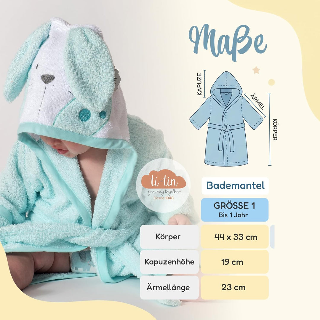 Ti TIN Kinder‑Bademantel mit Kapuze und Hasenohren – 100% Baumwolle, weich & saugfähi, Grösse 6–12 M