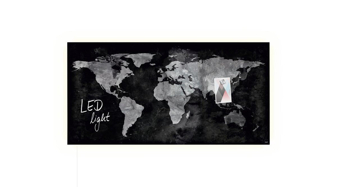 SIGEL GL409 Premium Glas-Magnettafel 91 x 46 cm mit LED-Beleuchtung, Design World-Map, hochglänzend,