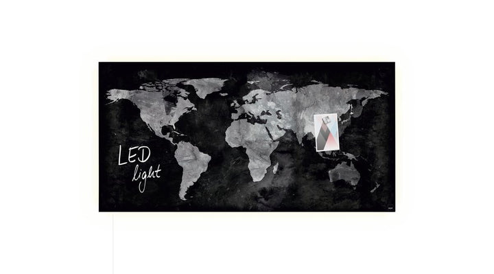 SIGEL GL409 Premium Glas-Magnettafel 91 x 46 cm mit LED-Beleuchtung, Design World-Map, hochglänzend,