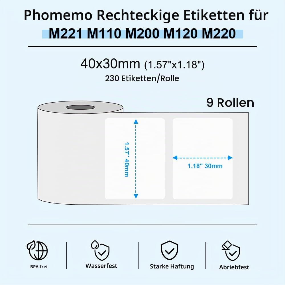 Phomemo M110/M220/M221/M200/M120/M100/M108/M150/M250/M260 Selbstklebende Etiketten, 1.57"x1.18"(40x3