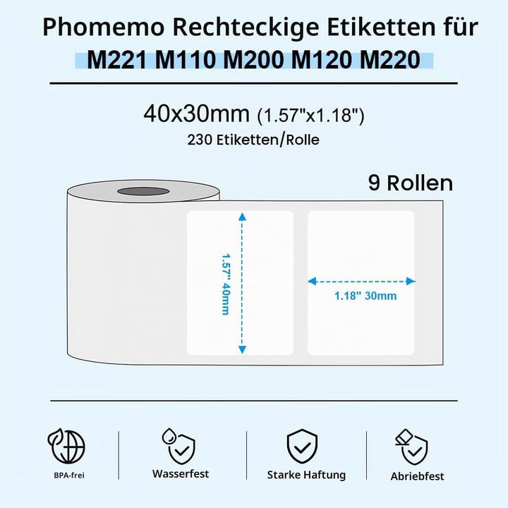 Phomemo M110/M220/M221/M200/M120/M100/M108/M150/M250/M260 Selbstklebende Etiketten, 1.57"x1.18"(40x3