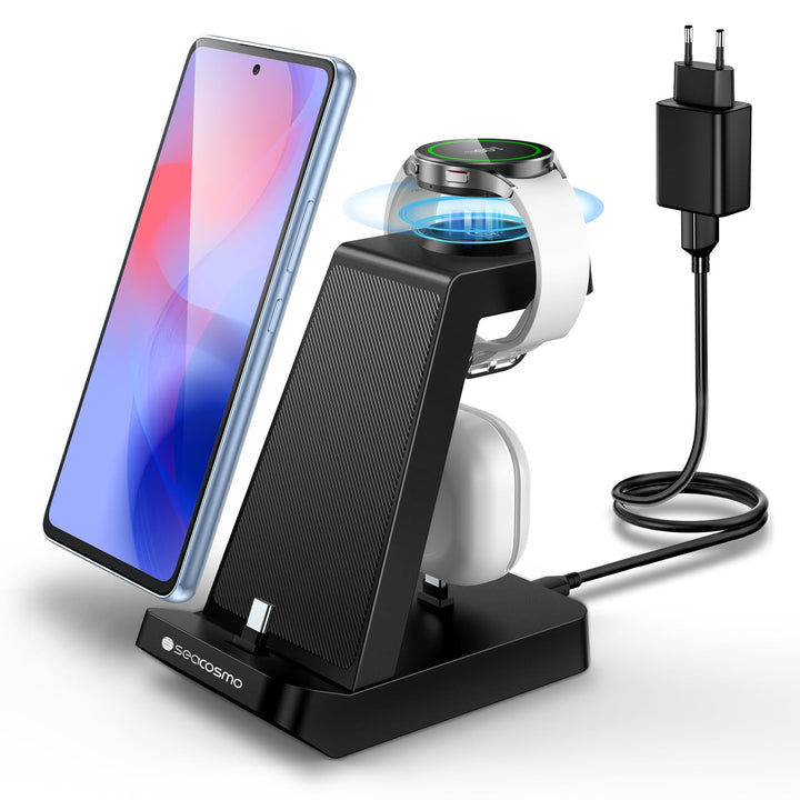 seacosmo 3 in 1 Ladestation, 18W Samsung Ladegerät handyhalterung für Galaxy Buds und Samsung A55/A5