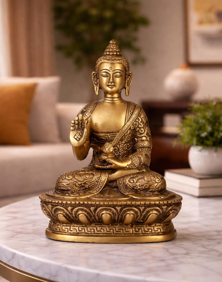 Artvarko Buddha-Idol aus Messing, handgefertigt, Buddha-Statue, feine Schnitzerei, religiöses Idol,