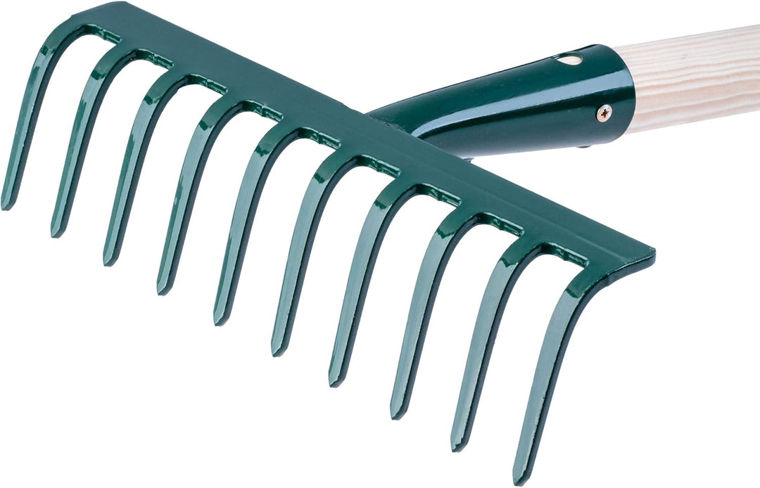 KADAX Rechen aus Metall, Flache Harke mit Stiel aus Holz, Laubbesen für Garten, Beet, Laubrechen, Ra