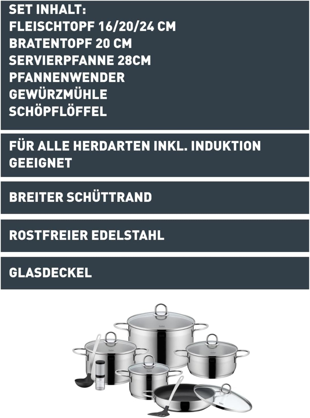 Silit Diamant Topfset 9-teilig, mit Glasdeckel, Servierpfanne, Küchenhelfer, Mühle, Edelstahl polier