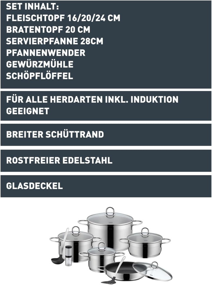 Silit Diamant Topfset 9-teilig, mit Glasdeckel, Servierpfanne, Küchenhelfer, Mühle, Edelstahl polier