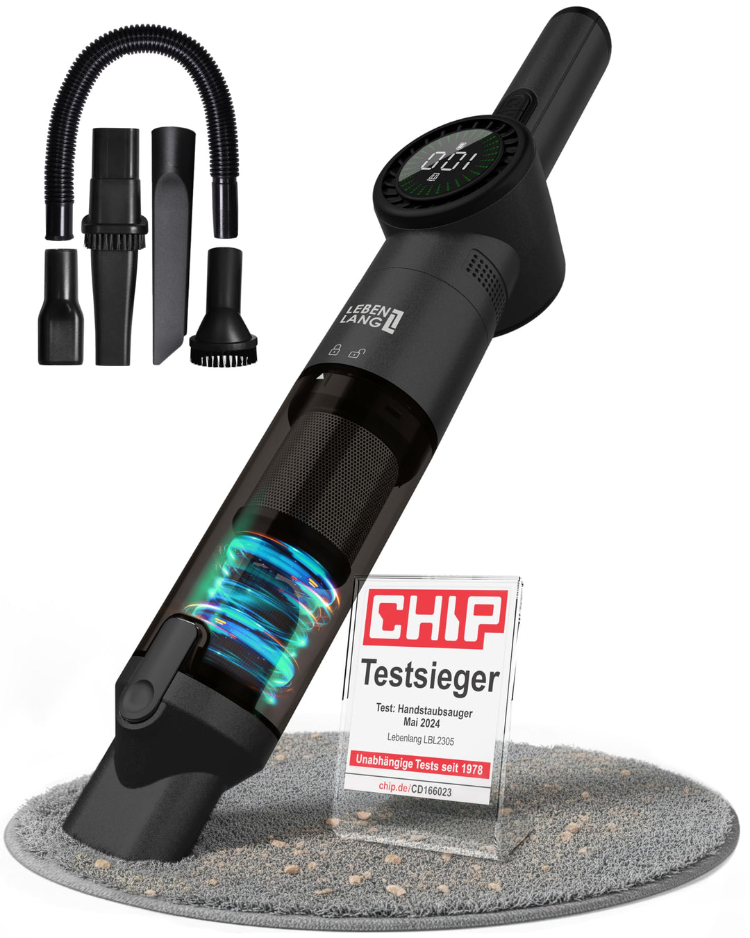LEBENLANG Handstaubsauger Akku TESTSIEGER - Dual-Filter & Li-Ion I Inkl. Ladestation I 17000PA Hands