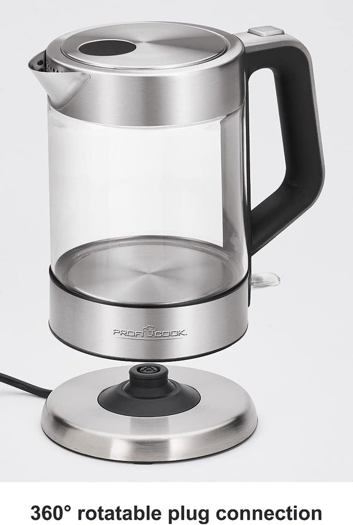 ProfiCook PC-WKS 1107 G Edelstahl-Glas-Wasserkocher, 1,5 L, 2200 W maximal, Edelstahlheizelement, St