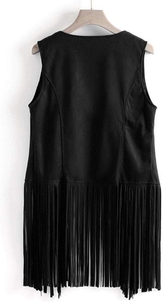 Damen Hippie-Weste ärmellose Jacke Fransen Wildlederimitat Vintage Quasten Cardigan, M Schwarz