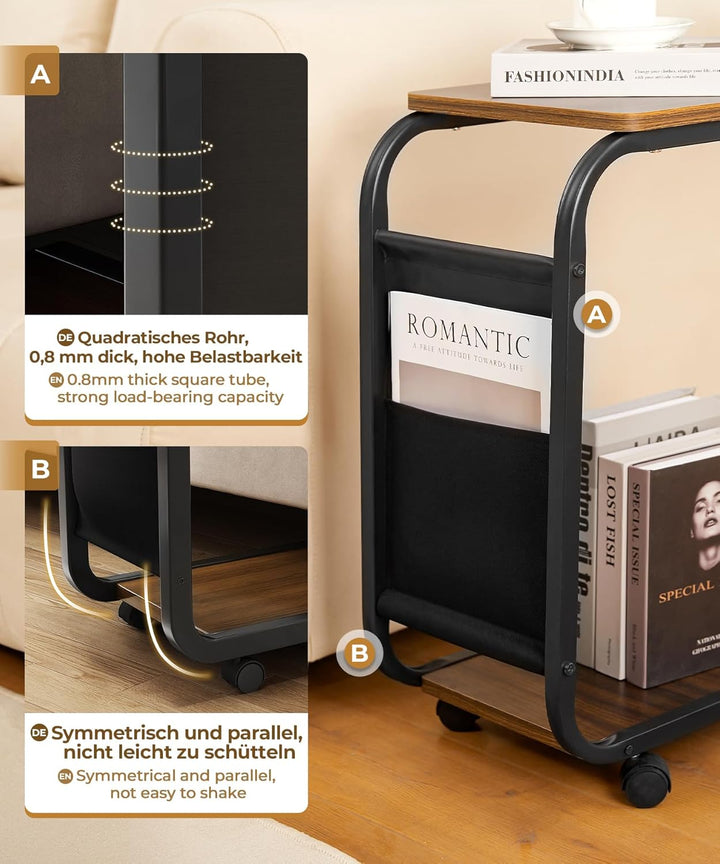 Yorbay Beistelltisch Holz Couch, Sofatisch mit Rollen und Aufbewahrungstasche, C Form Mobiler Kaffee