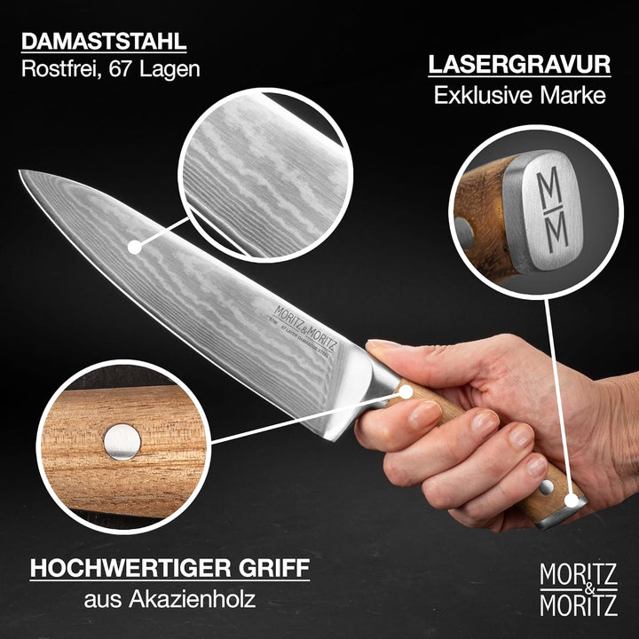 Moritz & Moritz Damastmesser 20 cm - Profi Kochmesser aus 67 Lagen Damaststahl - Scharfes Küchenmess